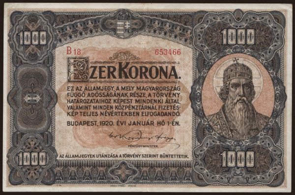 Hungary, Korona, 1920-1923: 1000 korona, 1920