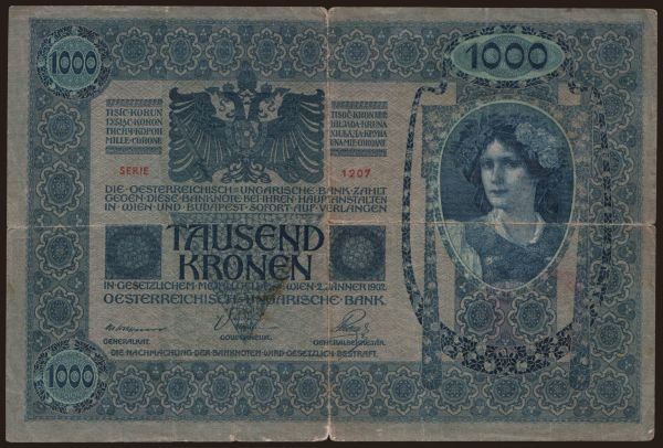 Czechoslovakia and successor states, Overstamped austro-hungarian banknotes: 1000 korun, 1902(19)