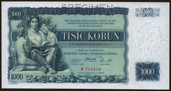 Czechoslovakia and successor states, First Republic, 1919-38: 1000 korun, 1934