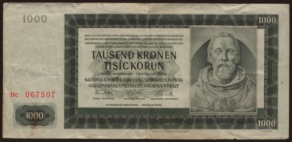 Czechoslovakia and successor states, Bohemia and Morava: 1000 korun, 1942