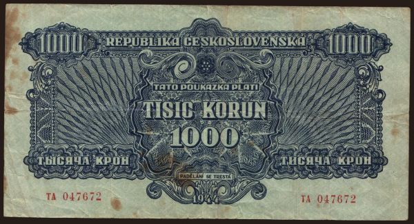 Csehszlovákia és utódállamai, Utalványok, 1944-45: 1000 korun, 1944