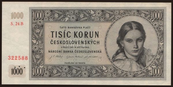 Czechoslovakia and successor states, Paper money from 1945 to 1951: 1000 korun, 1945