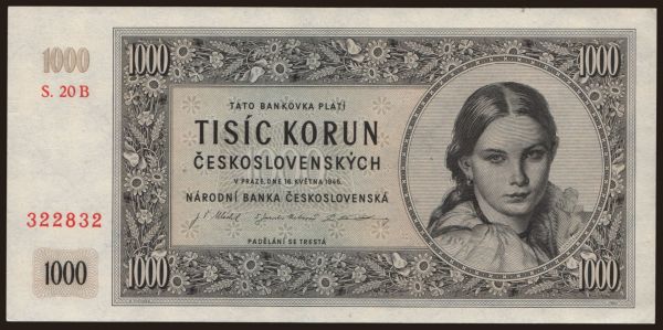 Czechoslovakia and successor states, Paper money from 1945 to 1951: 1000 korun, 1945