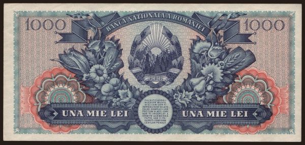 Europe, Romania: 1000 lei, 1948