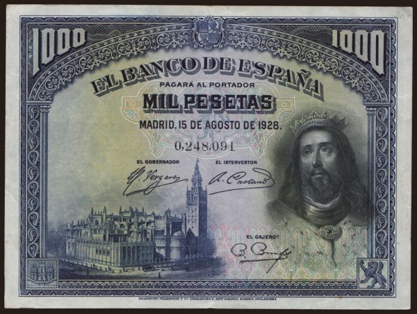 Európa, Španielsko, Španielsko - Štátna emisia: 1000 pesetas, 1928