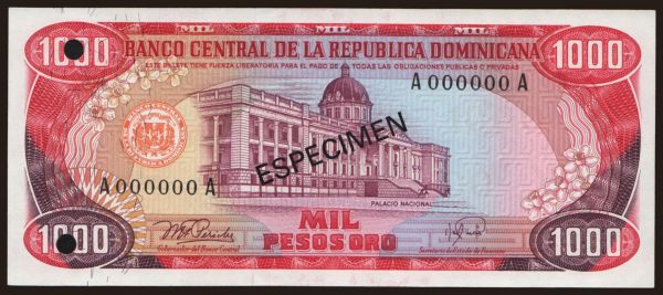 Amerika, Dominikánska republika: 1000 pesos, 1978, SPECIMEN