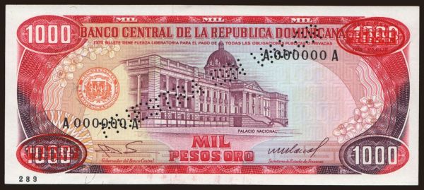 Amerika, Dominikánska republika: 1000 pesos, 1985, SPECIMEN