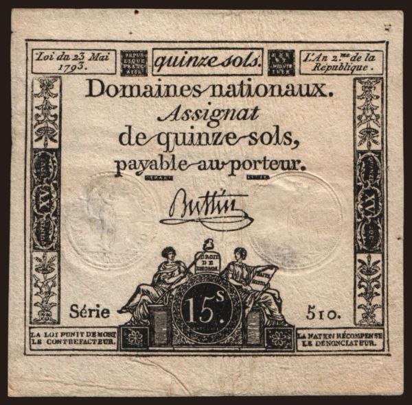 Europe, France, France - Assignat: 15 sols, 1793