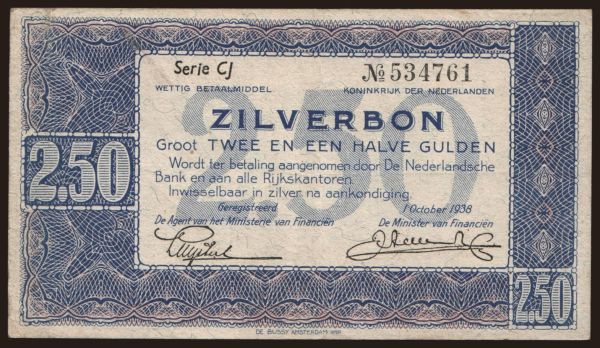 Európa, Hollandia: 2 1/2 gulden, 1938