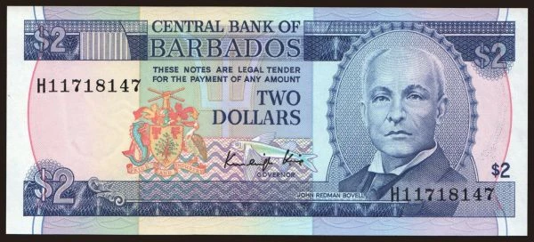 Amerika, Barbados: 2 dollars, 1986