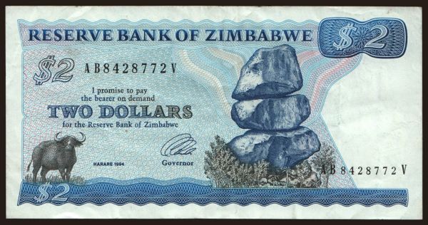 Afrika, Zimbabwe: 2 dollars, 1994, type B