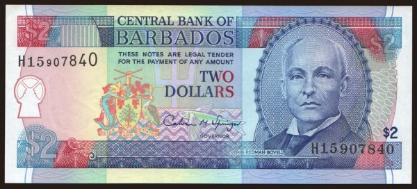 America, Barbados: 2 dollars, 1995