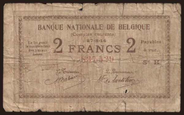 Europe, Belgium, Belgium - State issues: 2 francs, 1914