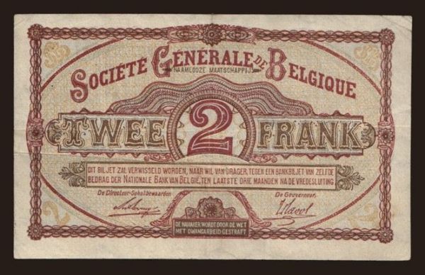 Európa, Belgium, Belgium - Állami kiadások: 2 francs, 1915