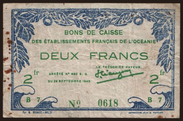 Australia and Oceania, Tahiti: 2 francs, 1943