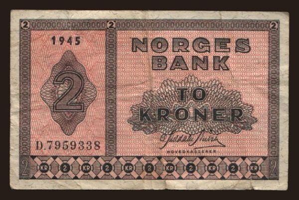 Europe, Norway: 2 kroner, 1945