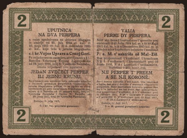 Európa, Montenegro: 2 perper, 1917