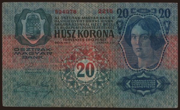 Austria and Austro-Hungary, Kronen/Korona (1900-18): 20 Kronen, 1913