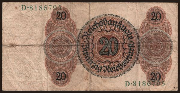 Németország, Reichsbank (1924-1945): 20 Reichsmark, 1924, E/D