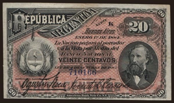 America, Argentina: 20 centavos, 1884