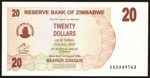 Afrika, Zimbabwe: 20 dollars, 2006