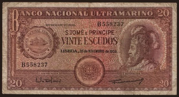 Africa, Sao Tomé and Prí­ncipe: 20 escudos, 1958