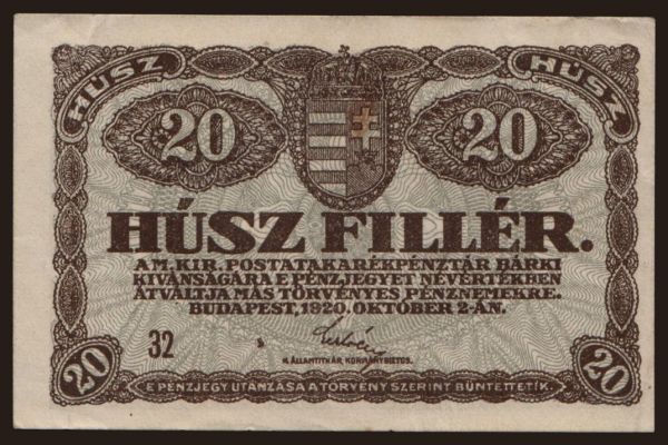 Hungary, Korona, 1920-1923: 20 fillér, 1920