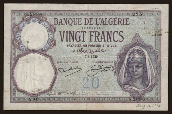 Africa, Algeria: 20 francs, 1929