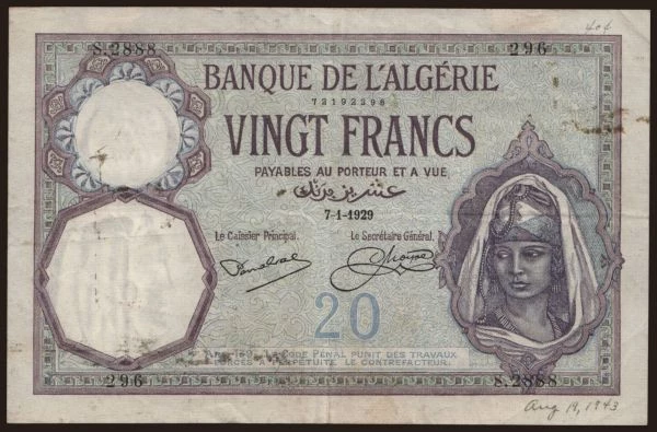 Africa, Algeria: 20 francs, 1929