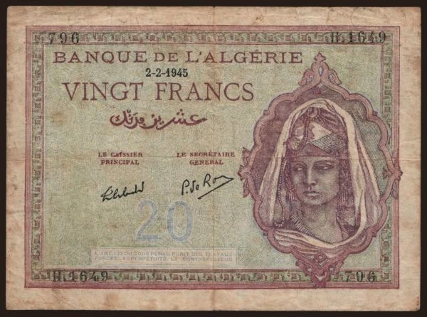 Africa, Algeria: 20 francs, 1945