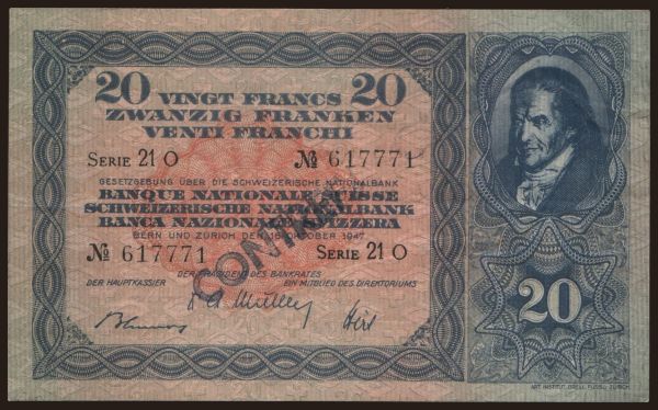 Europe, Switzerland: 20 francs, 1947, falsum