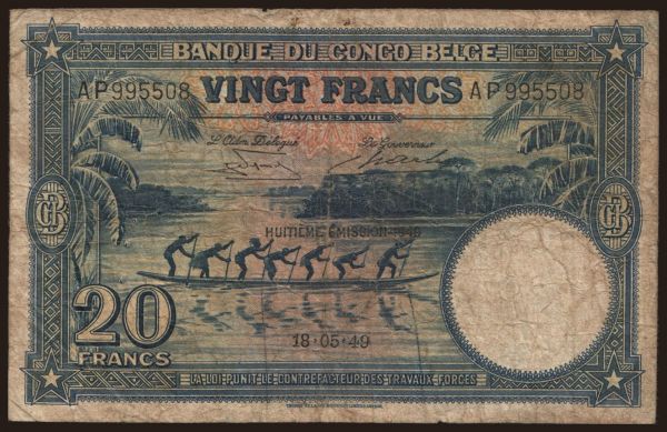 Afrika, Belgické Kongo: 20 francs, 1949