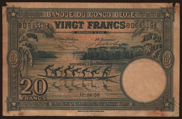 Afrika, Belga Kongó: 20 francs, 1950