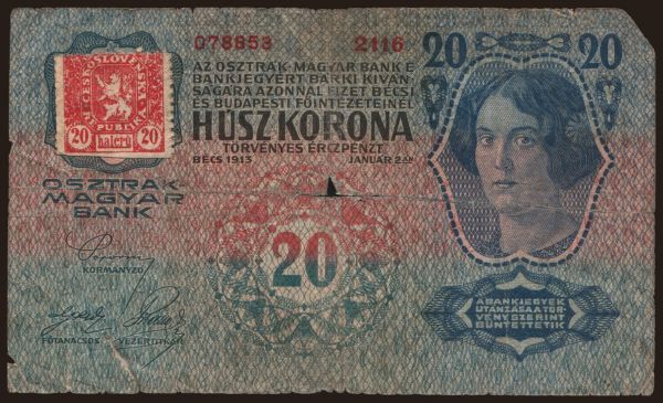 Czechoslovakia and successor states, Overstamped austro-hungarian banknotes: 20 korun, 1913(19)