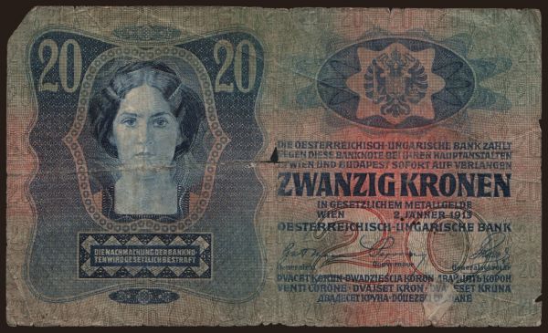 Czechoslovakia and successor states, Overstamped austro-hungarian banknotes: 20 korun, 1913(19)