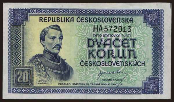 Czechoslovakia and successor states, Paper money from 1945 to 1951: 20 korun, 1945