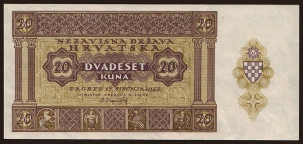 Európa, Chorvátsko: 20 kuna, 1944