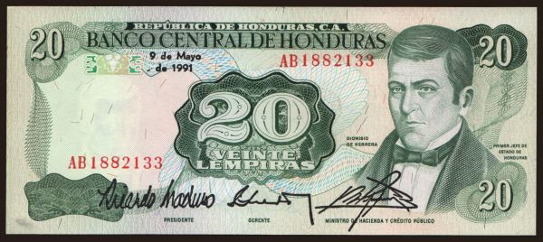 Amerika, Honduras: 20 lempiras, 1991