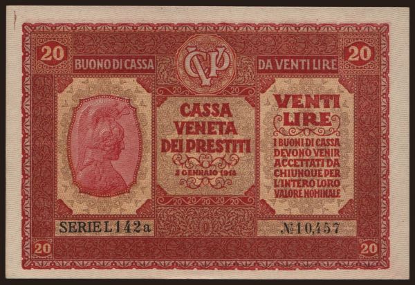 Europe, Italy, Italy - Cassa Veneta Dei Prestiti, 1918: 20 lire, 1918