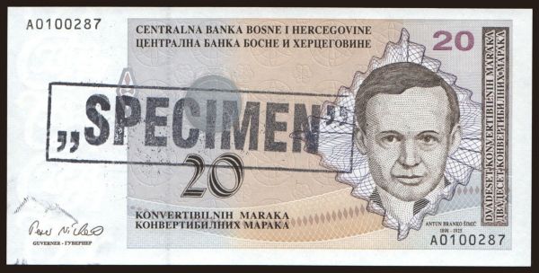 Európa, Bosnia-Hercegovina: 20 maraka, 1998, SPECIMEN