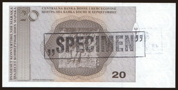 Európa, Bosnia-Hercegovina: 20 maraka, 1998, SPECIMEN