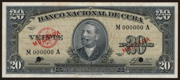 America, Cuba: 20 pesos, 1960, MUESTRA