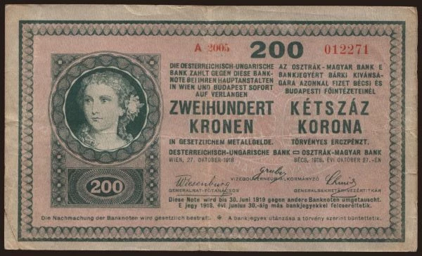 Hungary, Korona, 1918-1919: 200 korona, 1918(19)