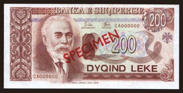 Európa, Albánsko: 200 leke, 1996, SPECIMEN