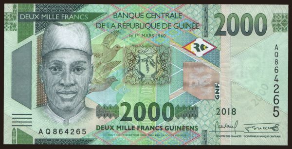 Afrika, Guinea: 2000 francs, 2018