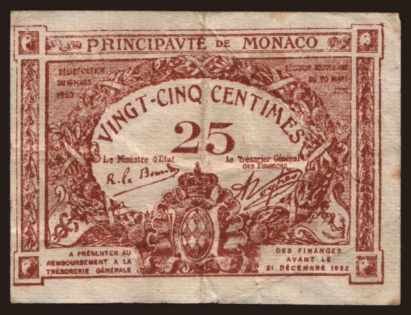 Európa, Monaco: 25 centimes, 1920