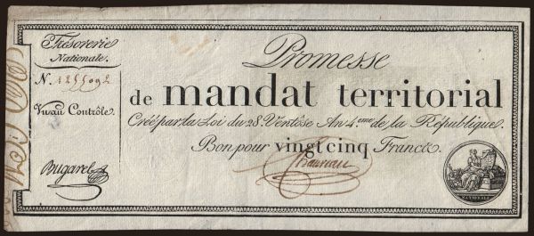 Europe, France, France - Assignat: 25 francs, 1796