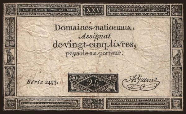 Európa, Francúzsko, Francúzsko - Assignat: 25 livres, 1793