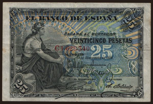 Európa, Spanyolország, Spanyolország - Állami kiadás: 25 pesetas, 1906