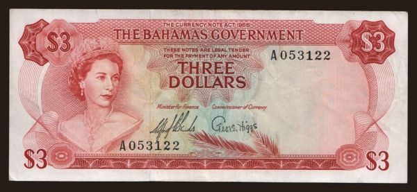 Amerika, Bahamák: 3 dollars, 1965